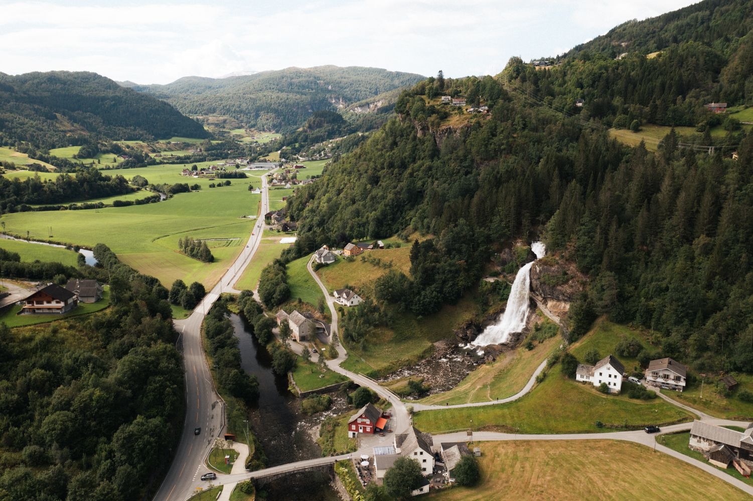 Aerial view of Steinsdalsfossen and the beautiful Hardanger landscape.