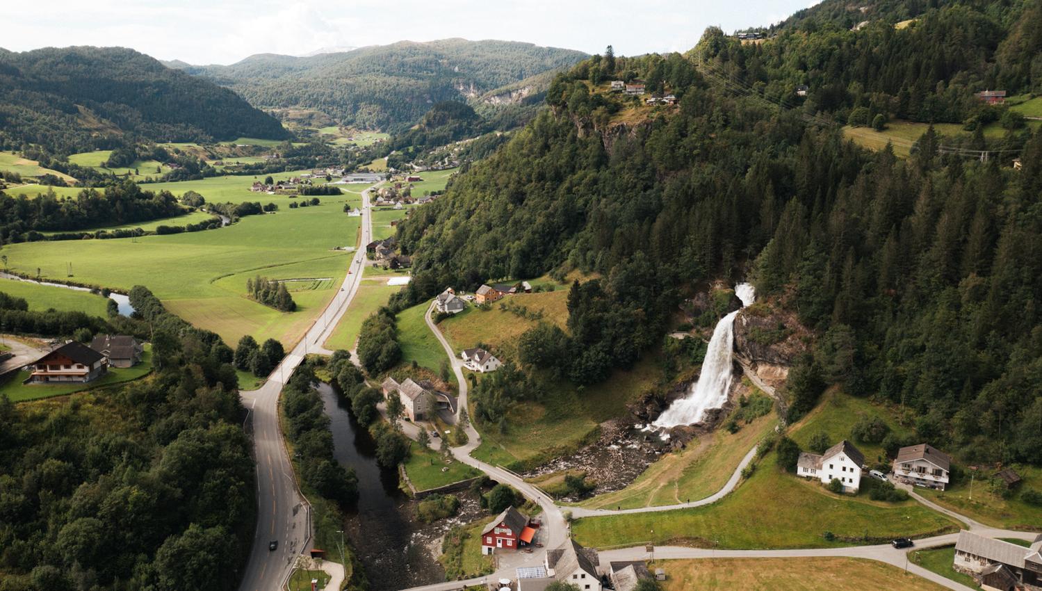 Aerial view of Steinsdalsfossen and the beautiful Hardanger landscape.