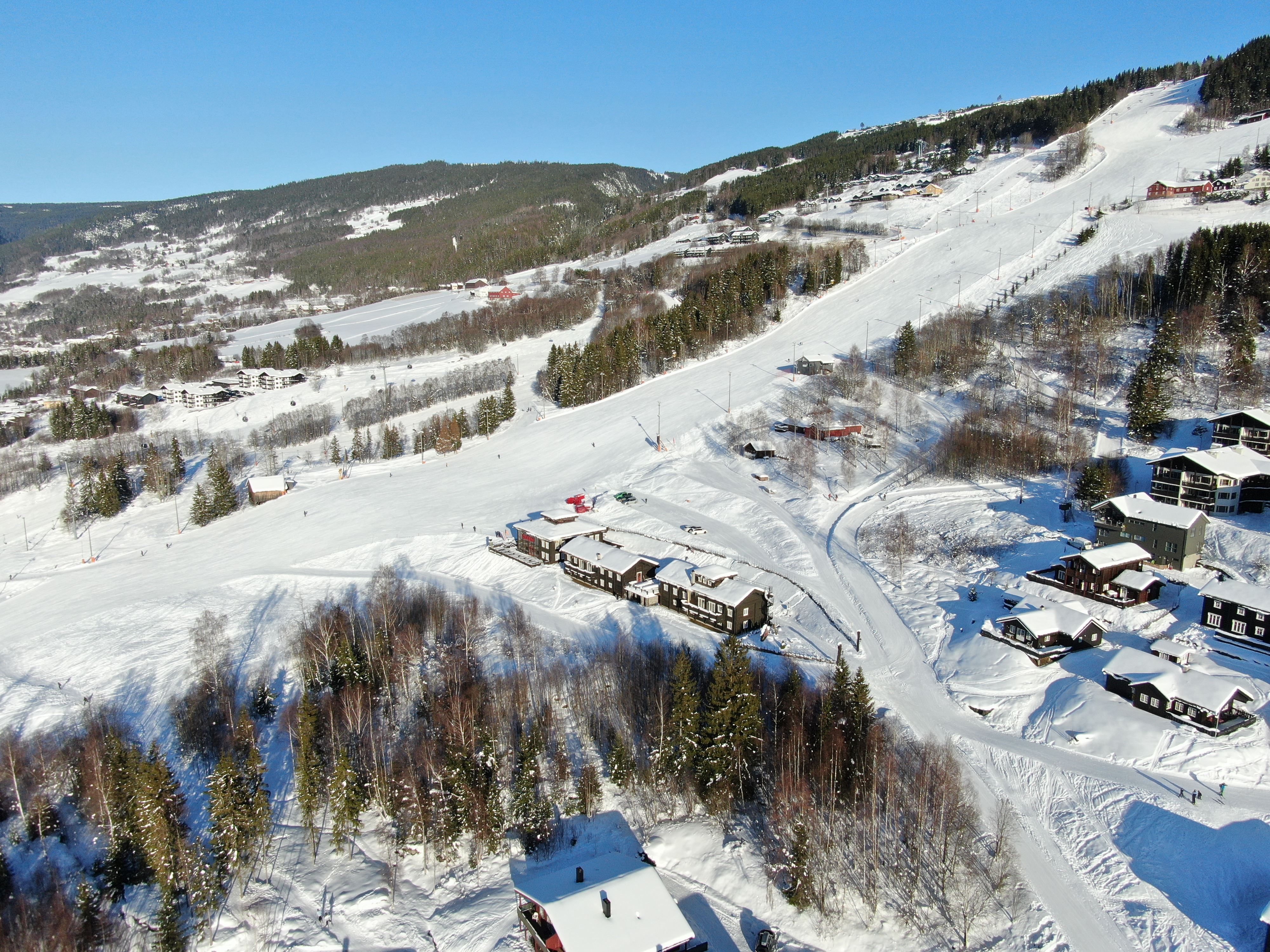 Luftfoto av snødekt skianlegg med brede løyper, hytter og grantrær i fjellsiden under blå himmel..
