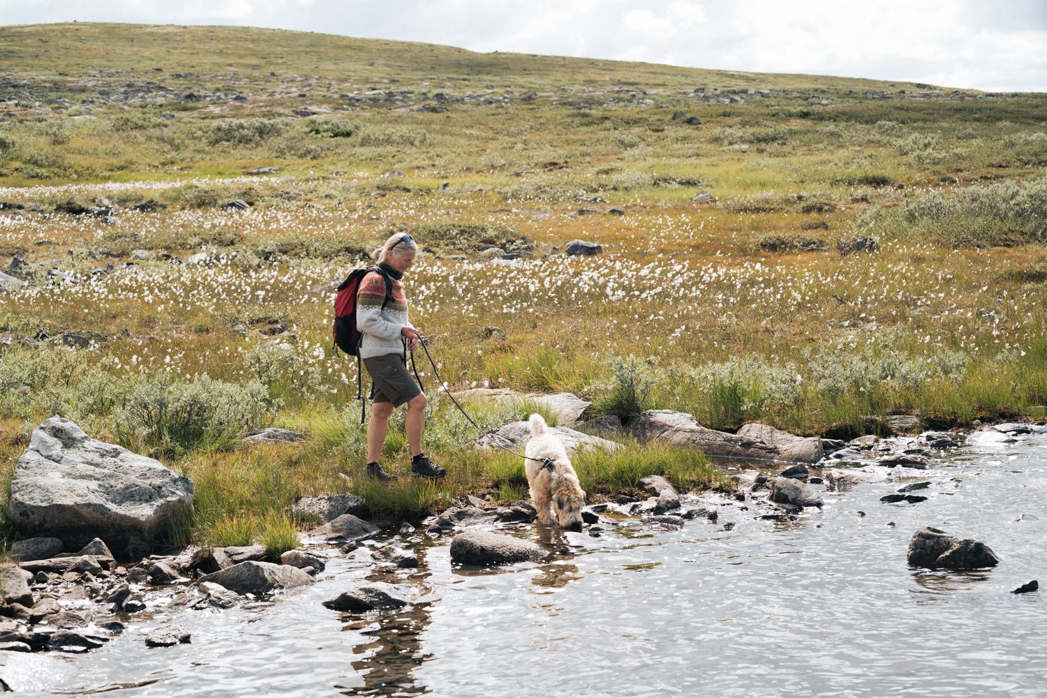 A woman with a dog, standing by a mountain lake.