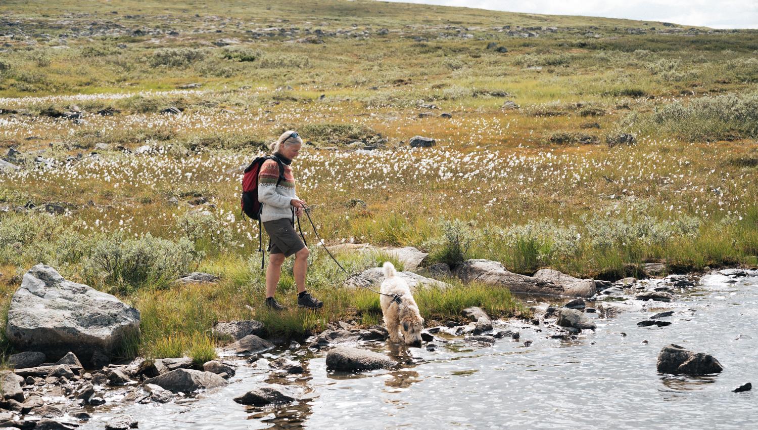 A woman with a dog, standing by a mountain lake.