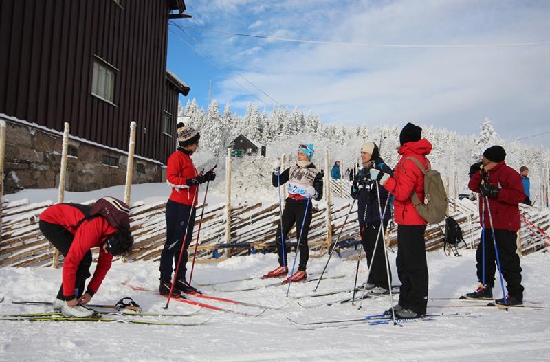 Skiing lecture in the snow.