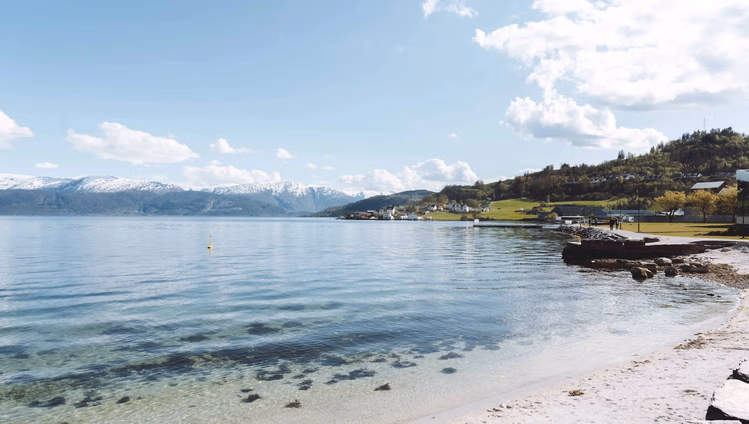 Tranquil shoreline with clear waters and snow-capped mountains in the distance.