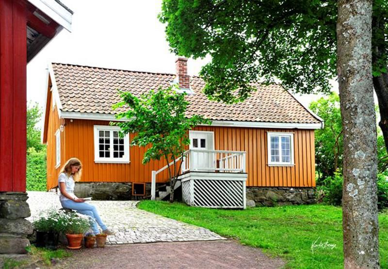 Munch's house seen from the driveway. A girl sitting outside of the house.