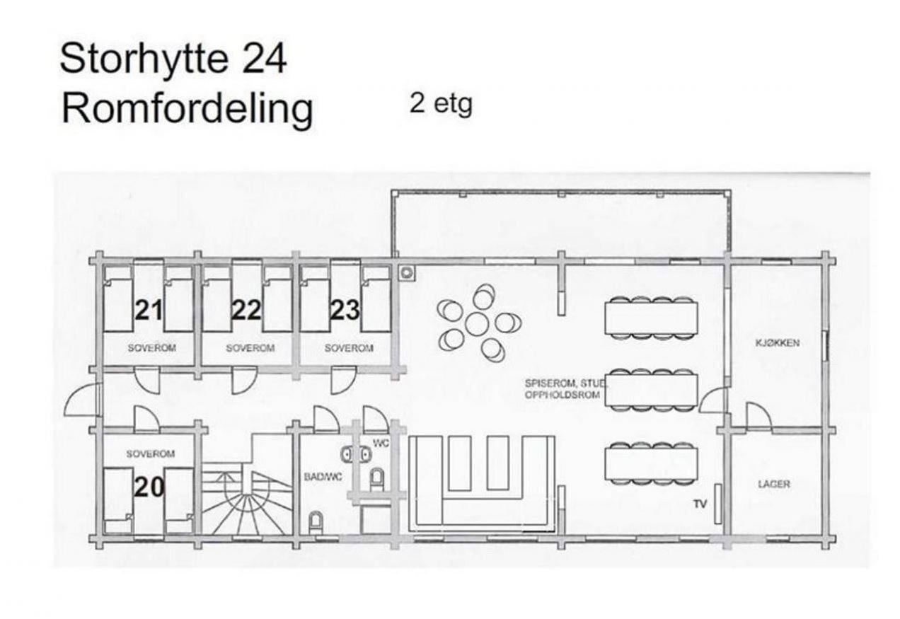 Planritning med rumfördelning för en stor stuga, andra våningen, med sovrum, bad/WC, kök och allrum.