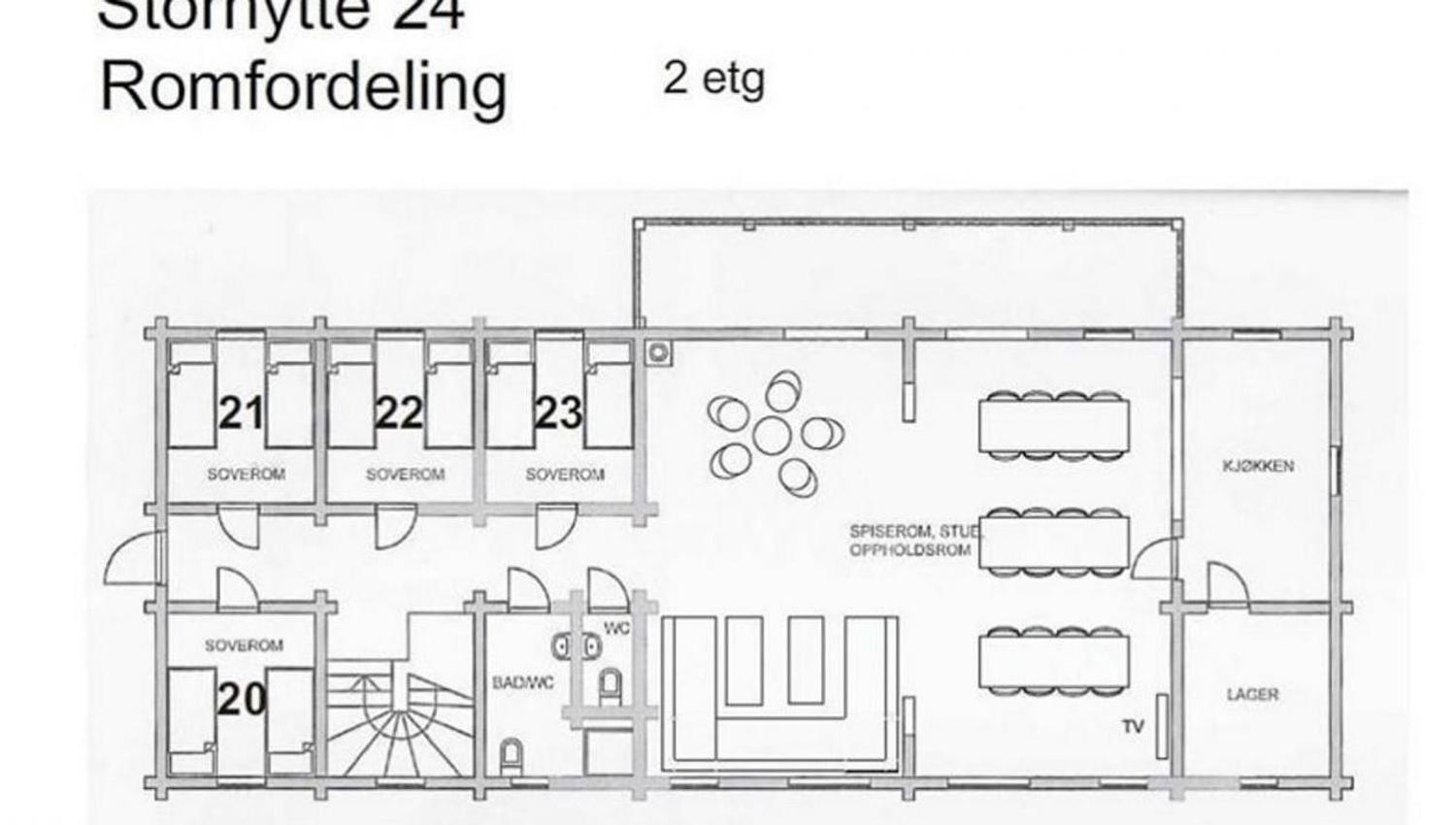 Planritning med rumfördelning för en stor stuga, andra våningen, med sovrum, bad/WC, kök och allrum.
