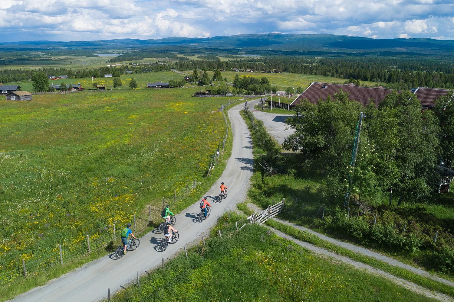 Dronefoto av syklister på en grusvei i grønt sommerbeitelandskap