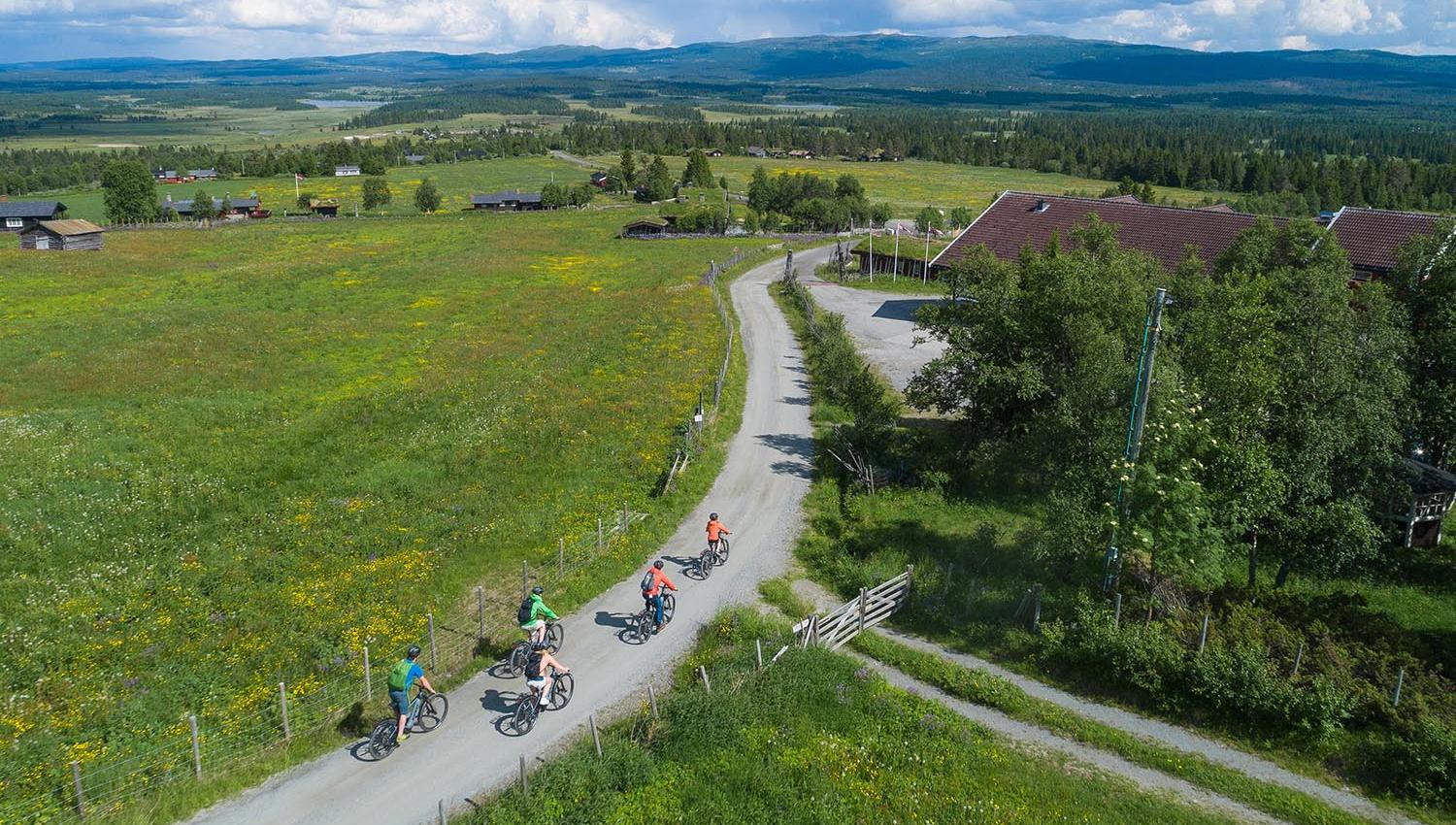 Dronefoto av syklister på en grusvei i grønt sommerbeitelandskap