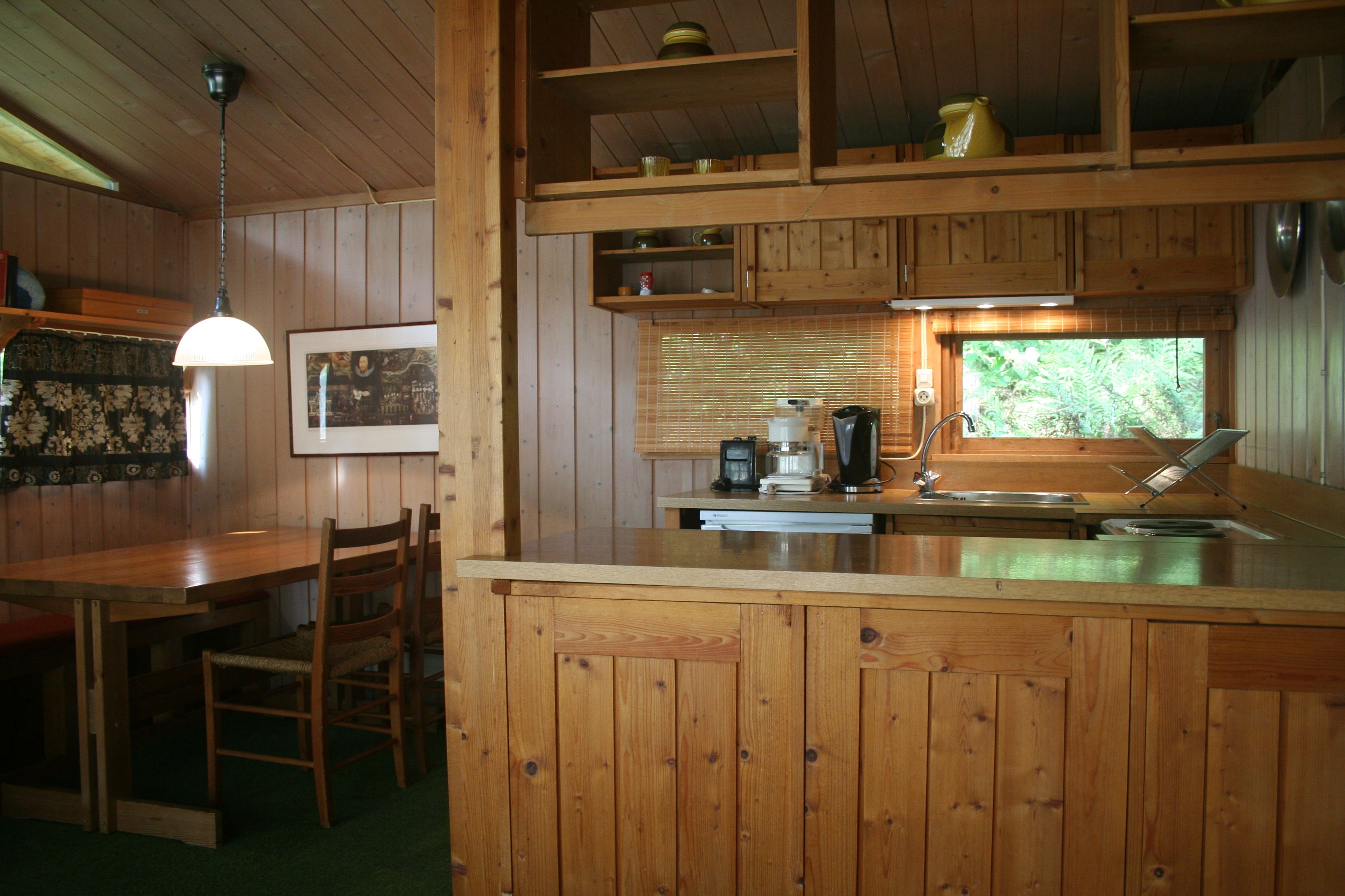 Cozy kitchen and dining area in wood-paneled cabin.