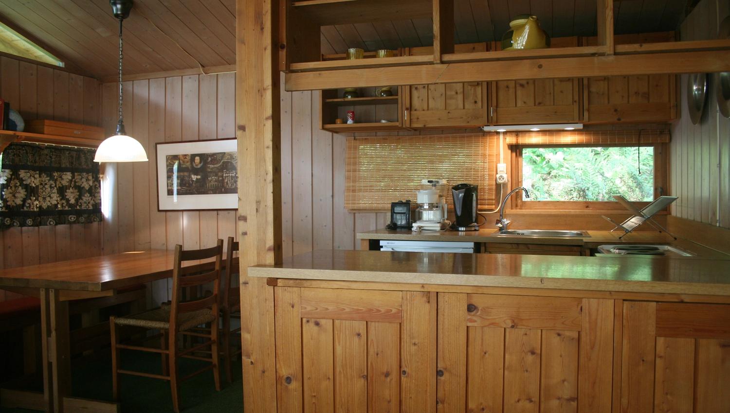 Cozy kitchen and dining area in wood-paneled cabin.