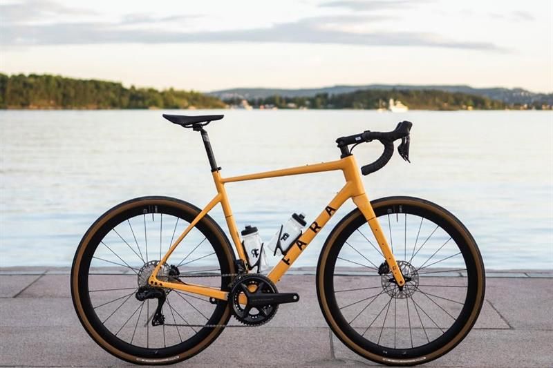 A yellow bicycle set up with the Oslofjord in the background