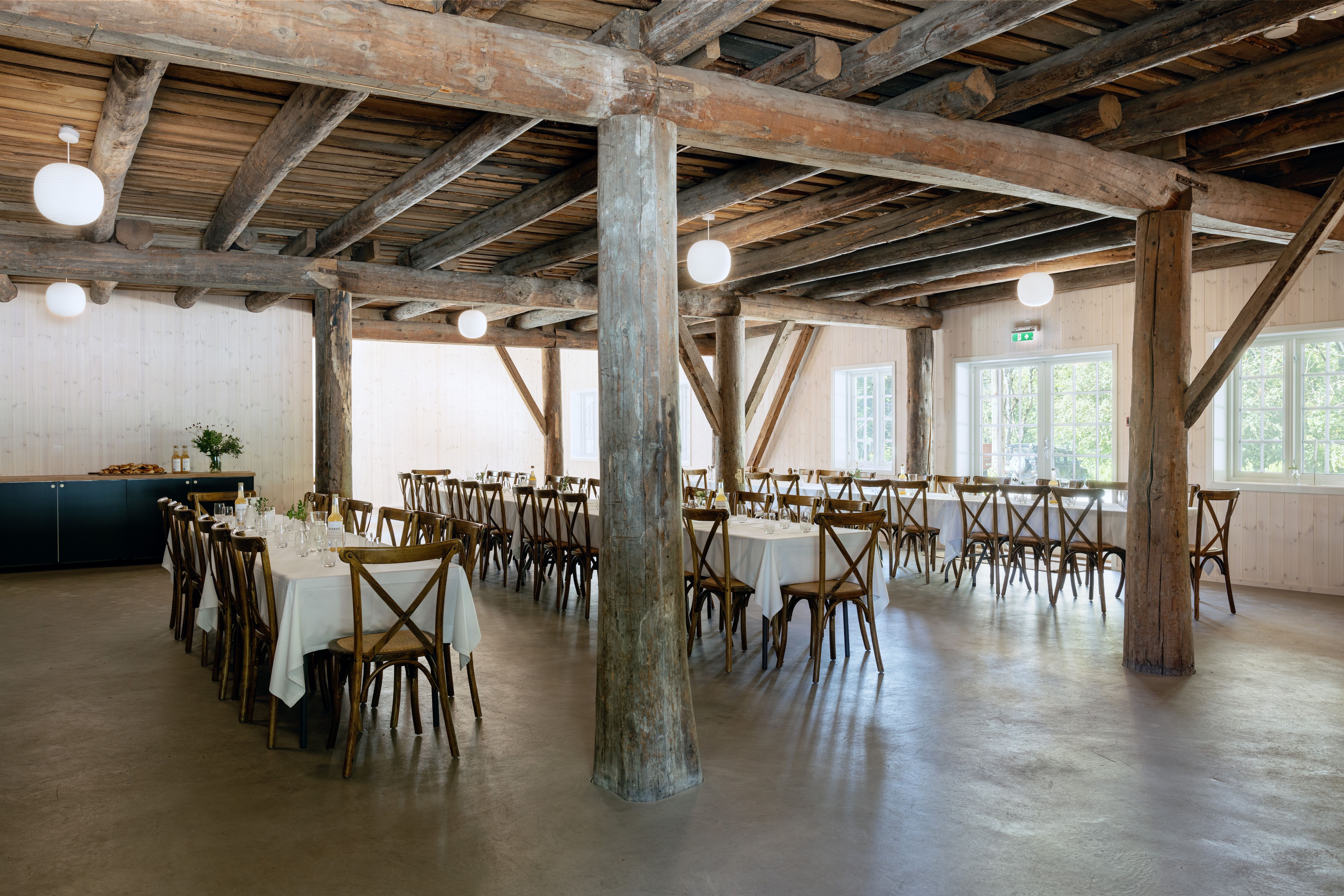 The large barn, tables and chairs set up