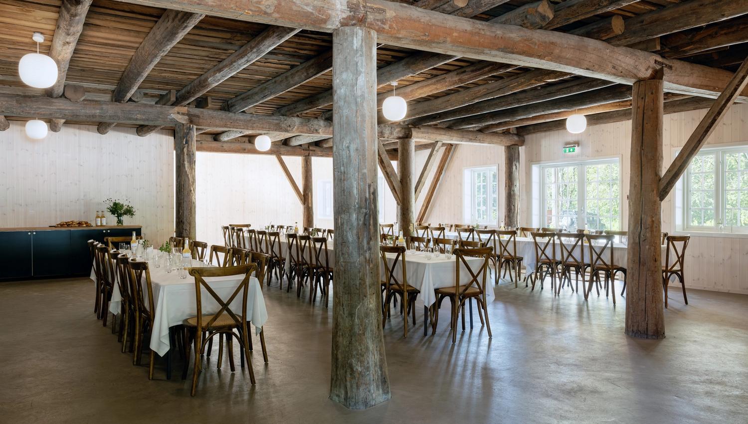 The large barn, tables and chairs set up