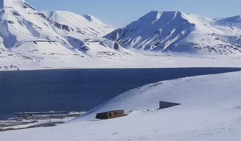 Svalbard Globale Frøhvelv i lyse snødekte omgivelser med en fjord og tilsnødde fjell i bakgrunnen