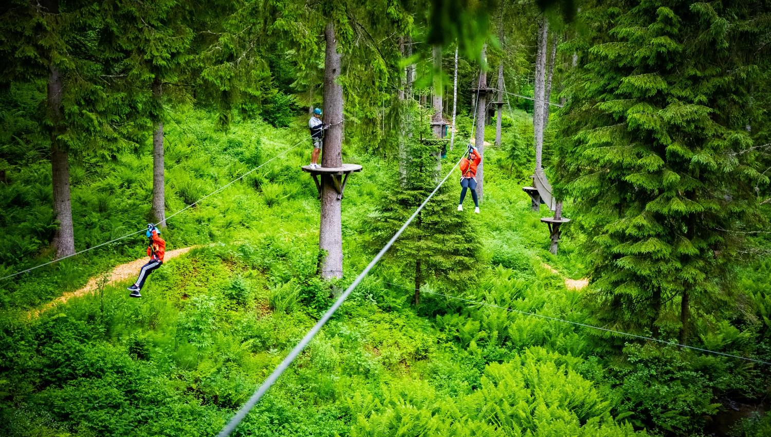 Two people riding a zipline.