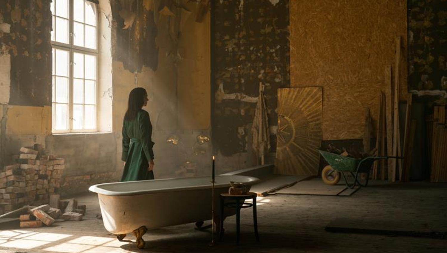 A woman in a green coat stands in a worn, dilapidated room beside a freestanding bathtub, surrounded by building materials and softly streaming light.