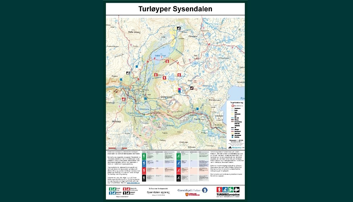 A map over hiking trails in Sysendalen.