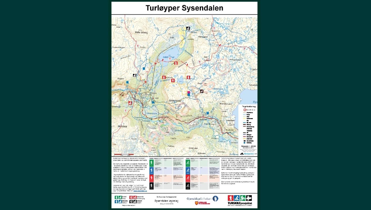 A map over hiking trails in Sysendalen.