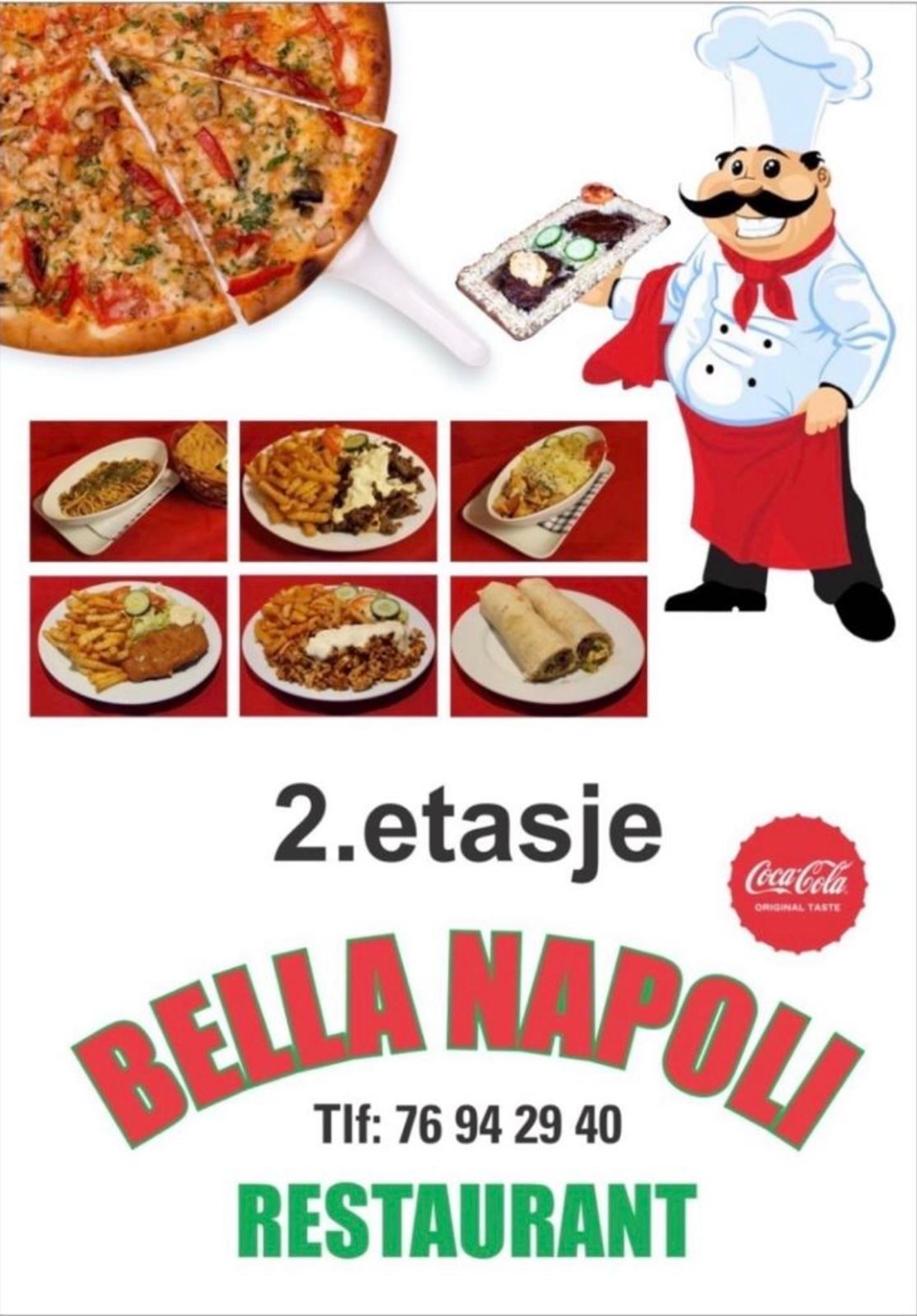 Promotional flyer showing pizza, plated meals, a cartoon chef, and text for Bella Napoli restaurant on white.