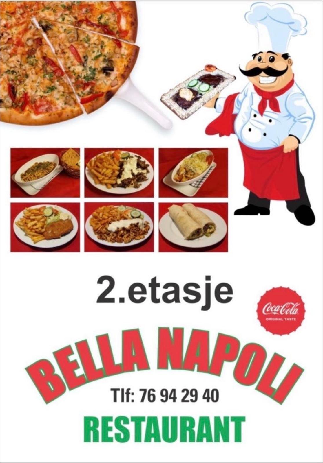 Promotional flyer showing pizza, plated meals, a cartoon chef, and text for Bella Napoli restaurant on white.