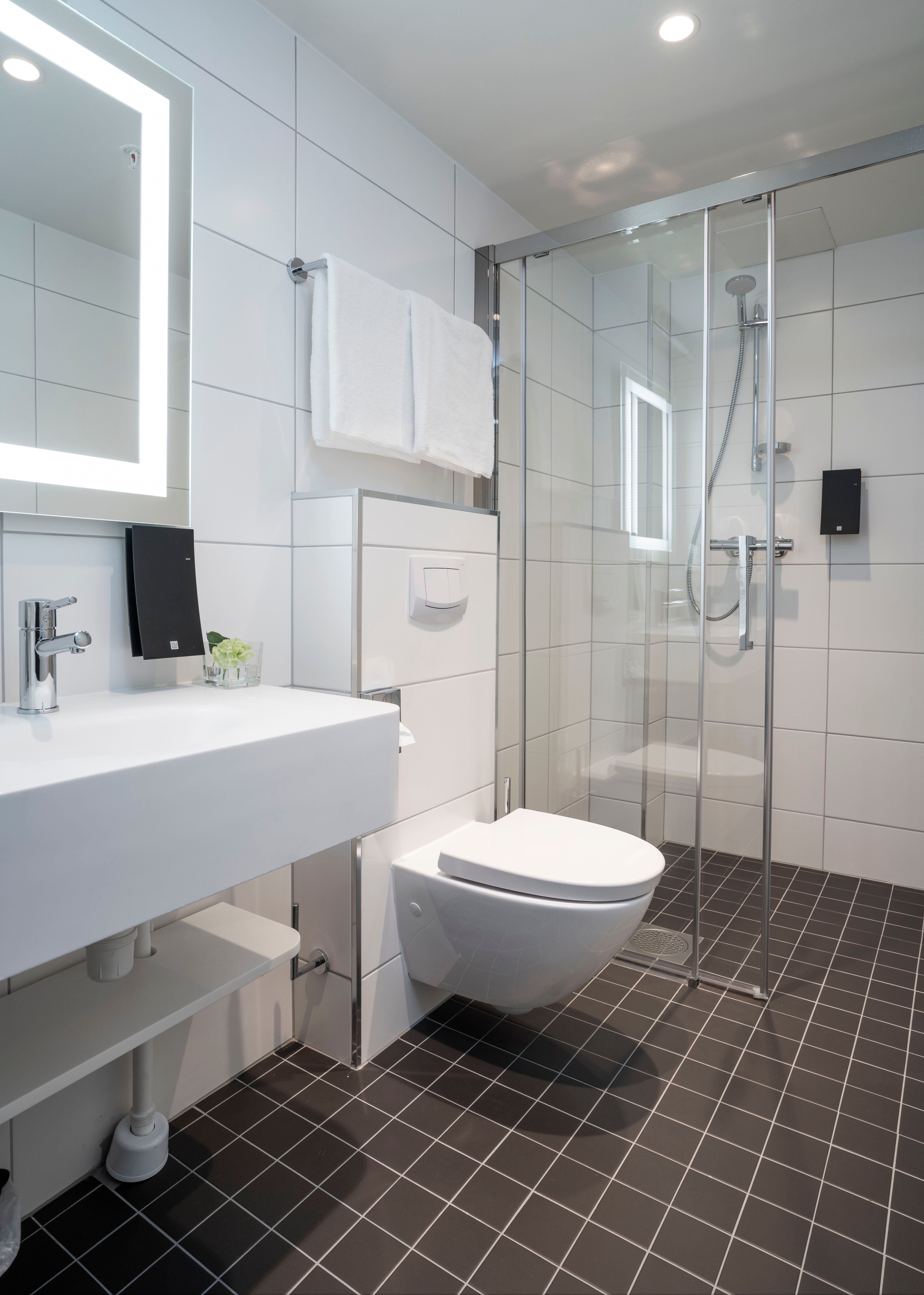 Modern bathroom with a shower, wall-mounted toilet, and washbasin with mirror.