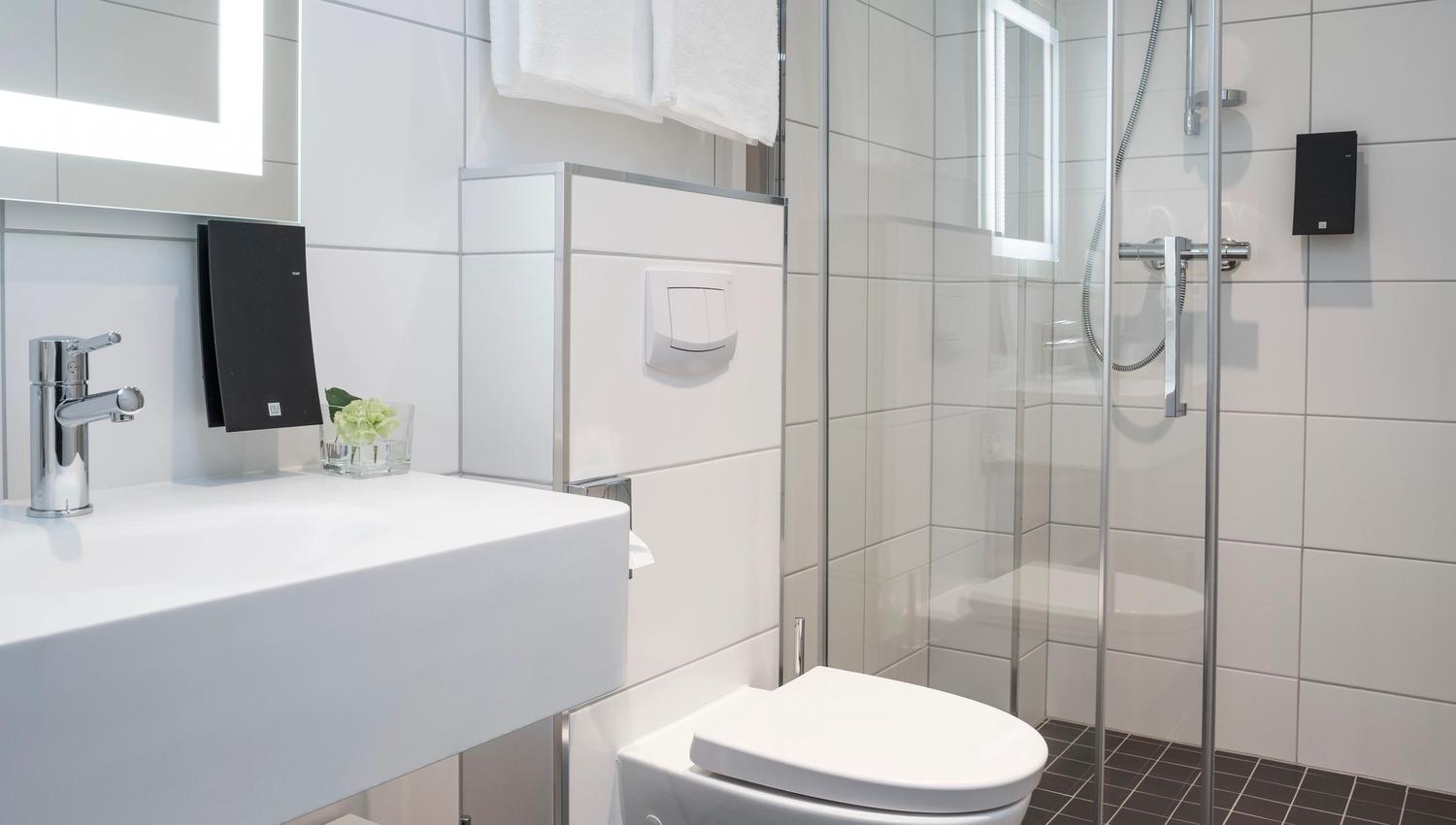 Modern bathroom with a shower, wall-mounted toilet, and washbasin with mirror.