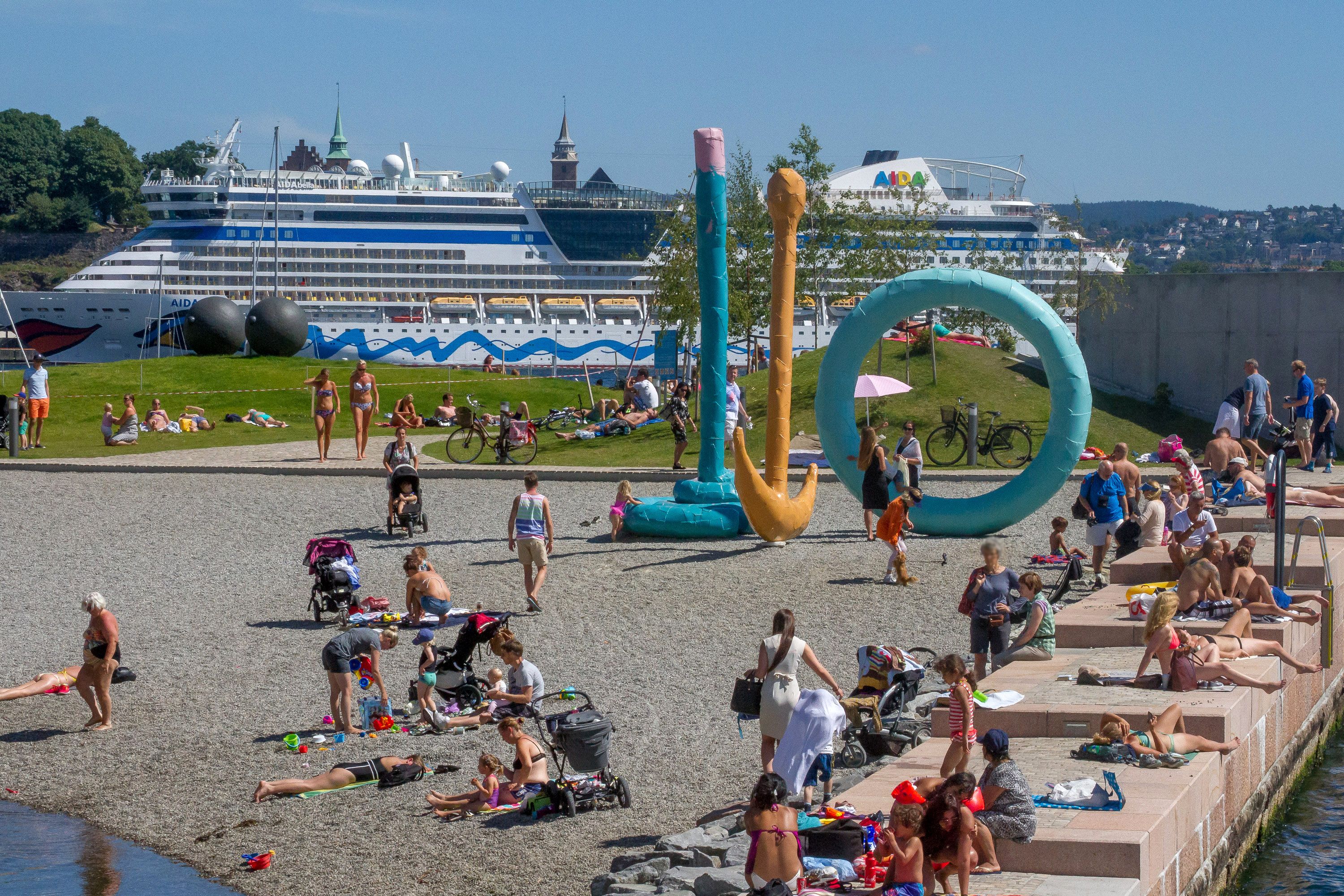 the sculpture park at the Astrup Fearnley Museum with Akershus Fortress and a cruise ship in the background