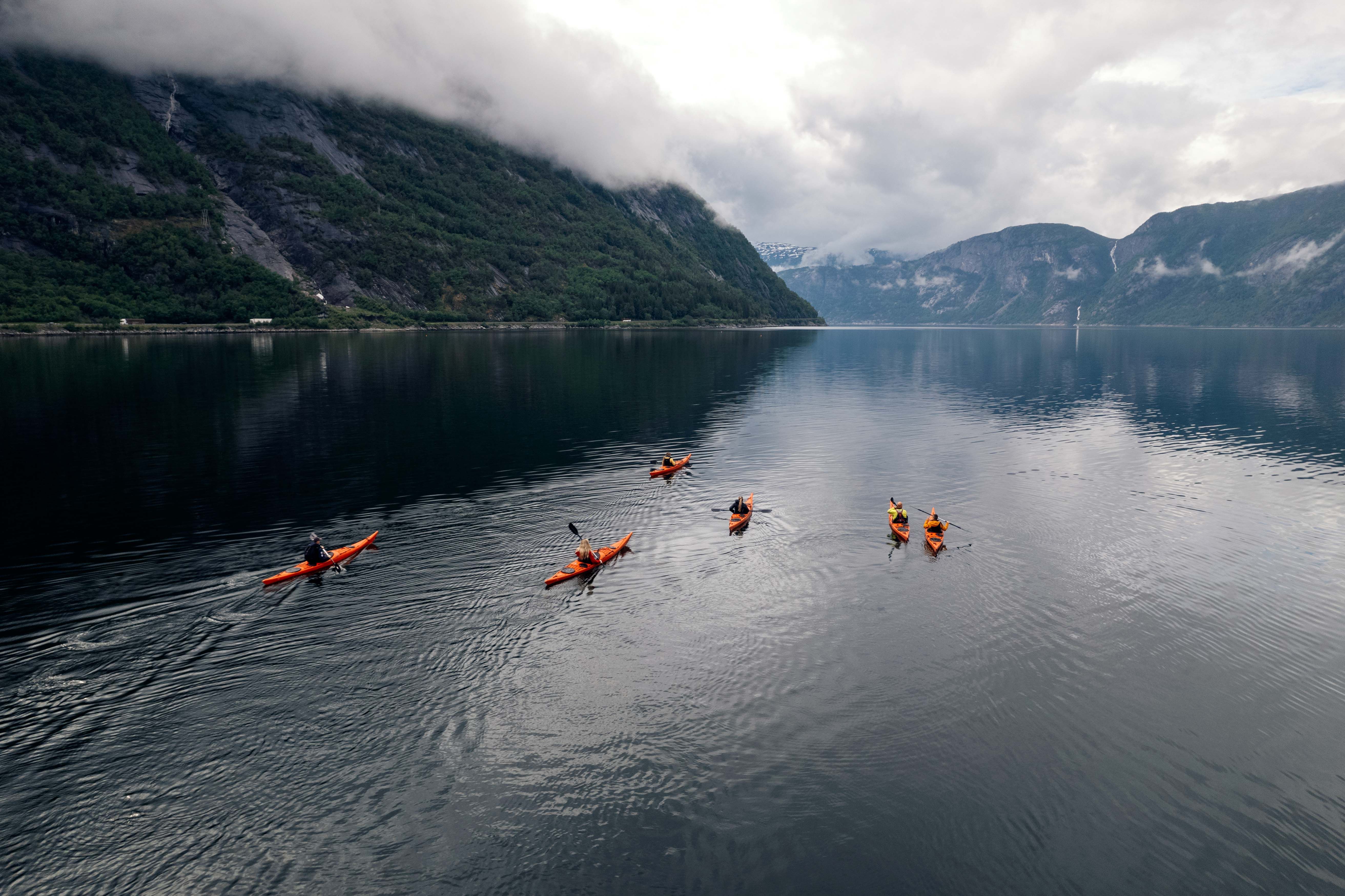 Et dronebilde av flere kajakkpadlere som padler på fjorden.