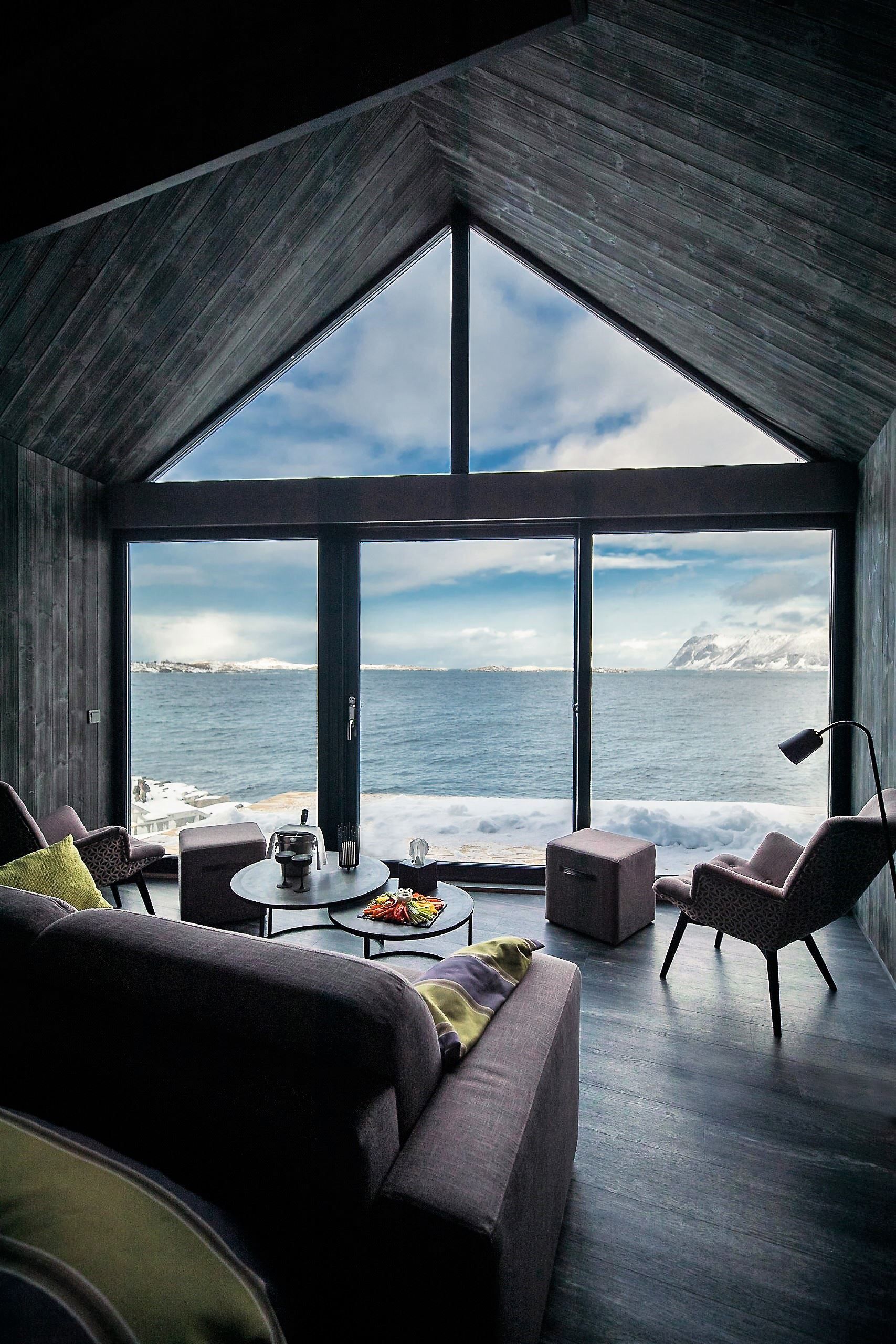 The view of the sea and mountains from one of the rooms at Hamn in Senja.