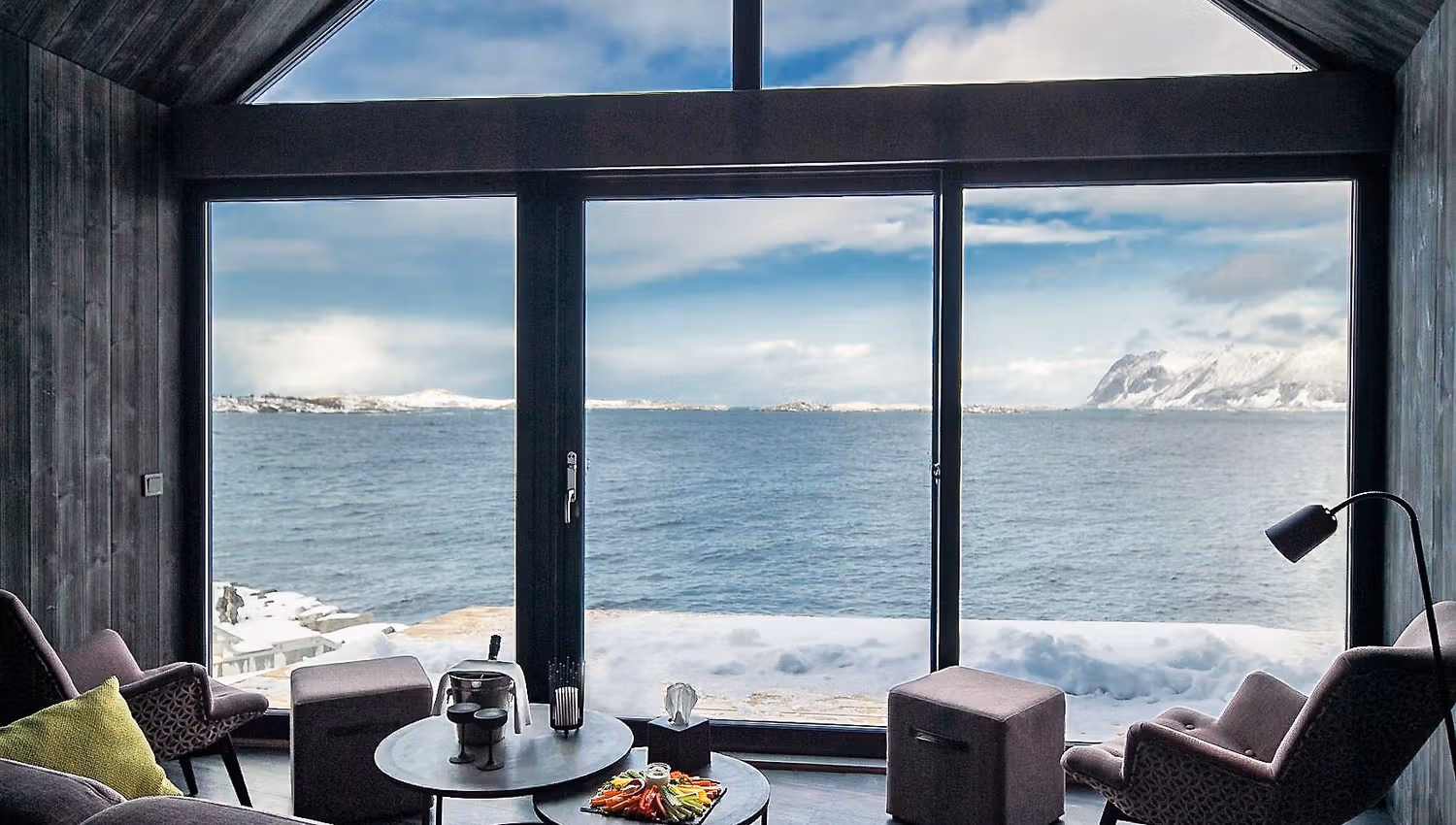 The view of the sea and mountains from one of the rooms at Hamn in Senja.