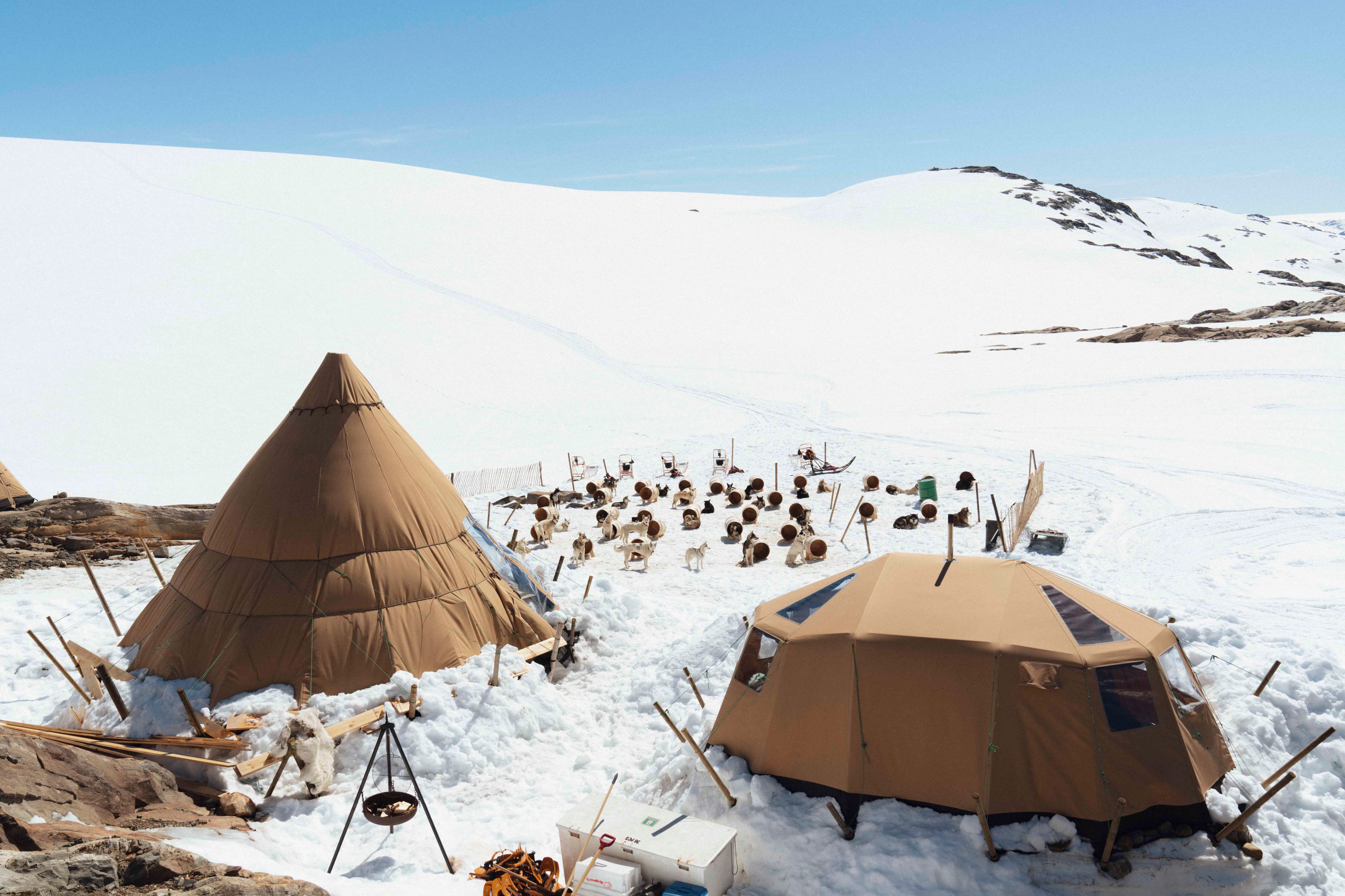 Folgefonna husky camp in the snow with several husky houses and dogs and folgefonna glacier in the background. 