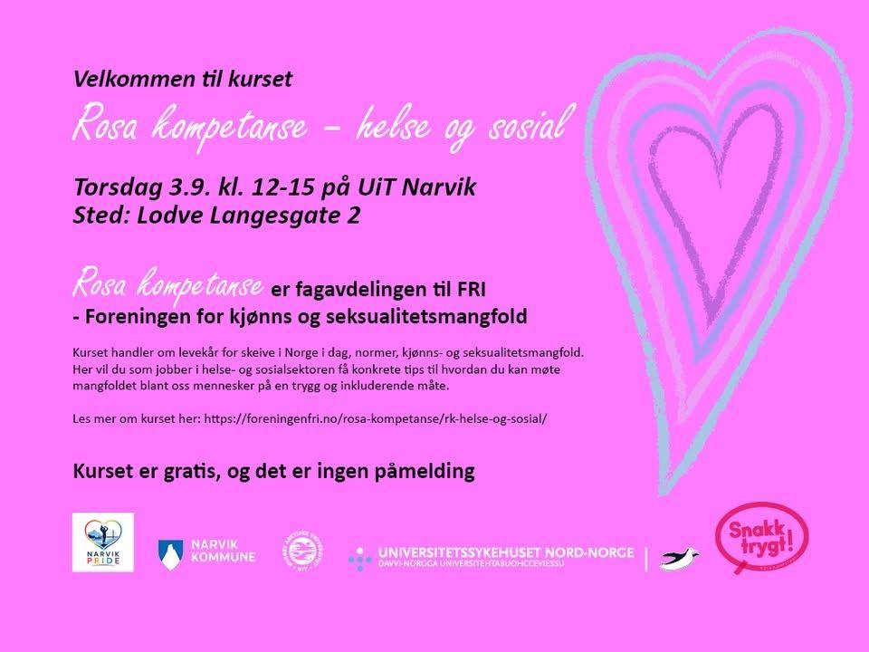Pink event flyer in Norwegian with a large hand-drawn heart on the right and course details on the left.