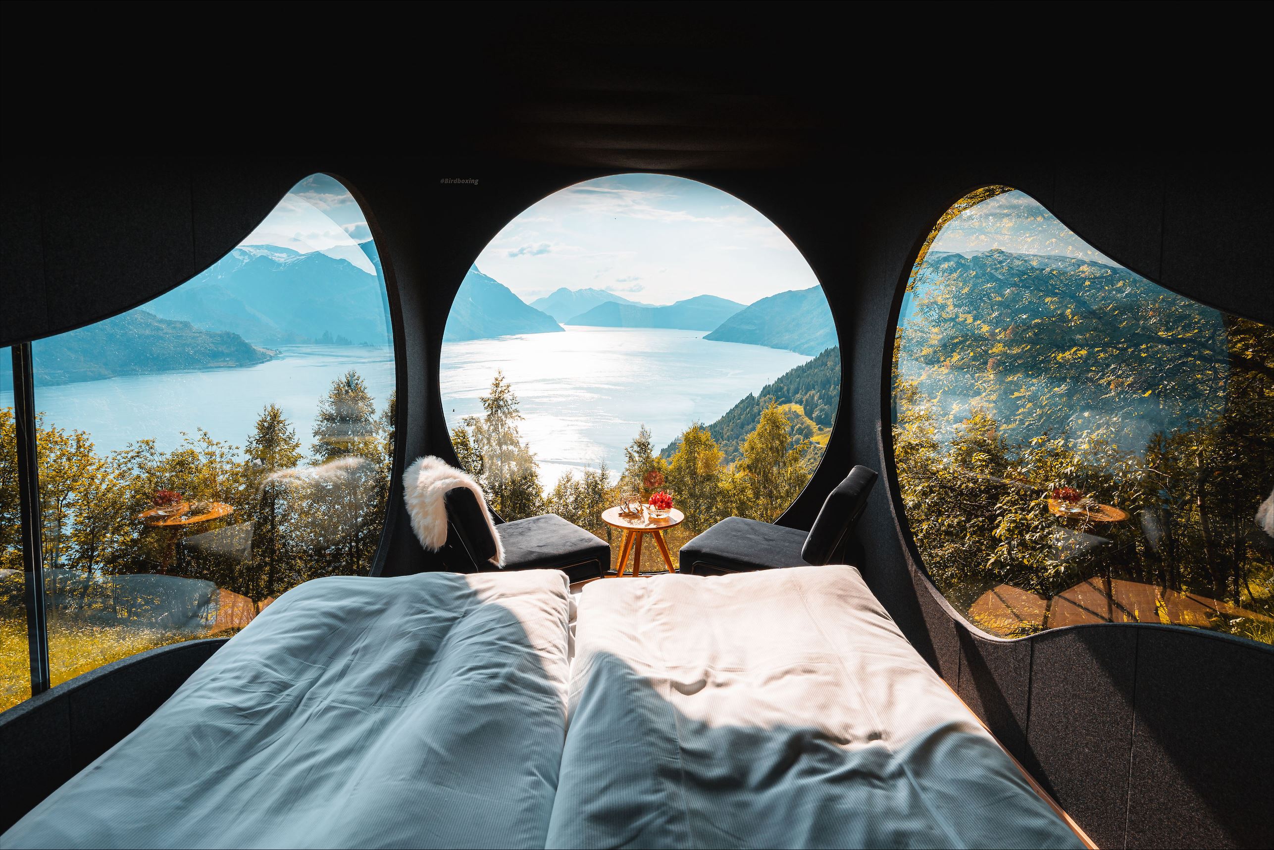 Stunning panoramic view from the Birdbox cabin at Skaara Living on Lotsberg in Nordfjord, surrounded by mountains and fjord landscape.