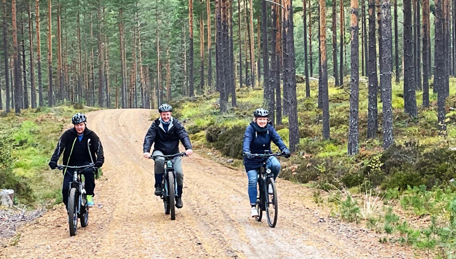 3 people on a bike ride through the forest in Drangedal