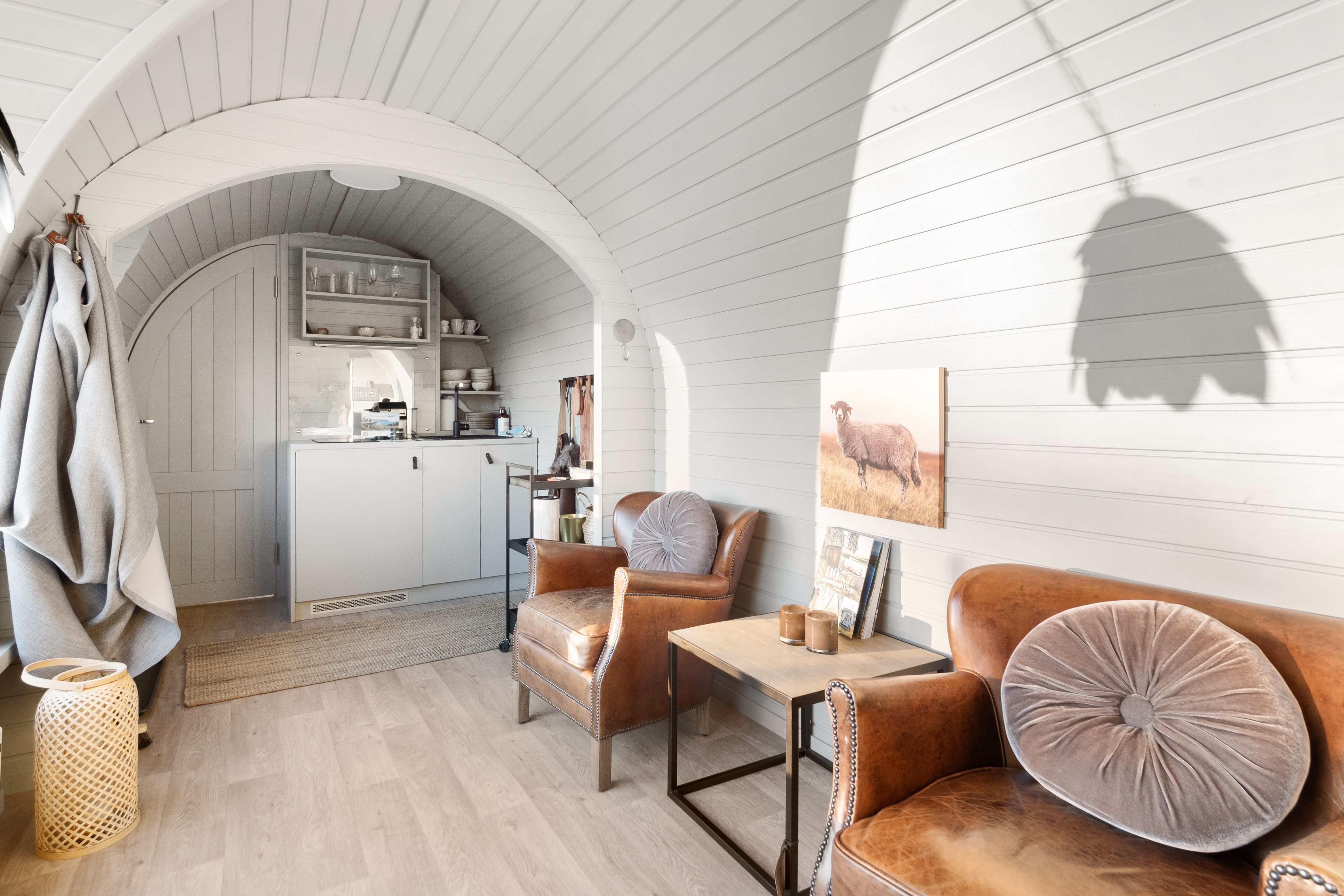 interior photo from a cabin with chairs and a bed, table and a small kitchen  