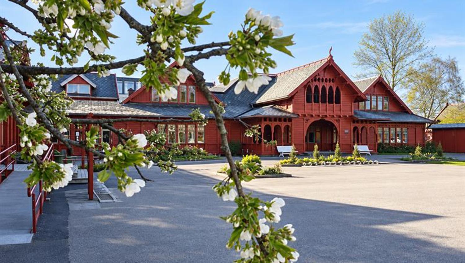 Branches with white spring blossoms framing the historic red wooden spa building and courtyard in Sandefjord.