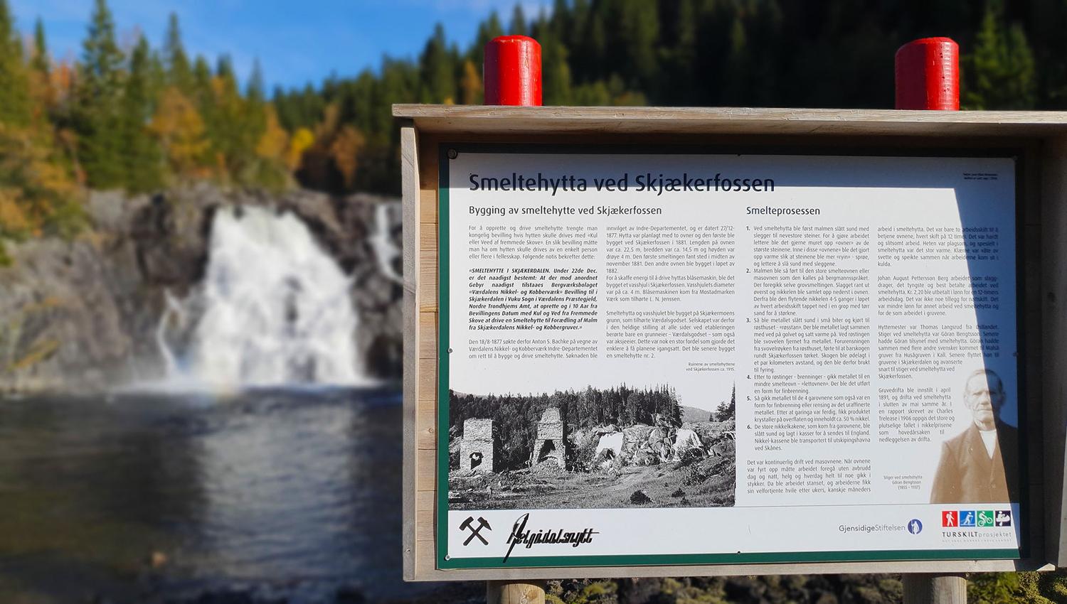 Information board about the Smelting hut by the waterfall