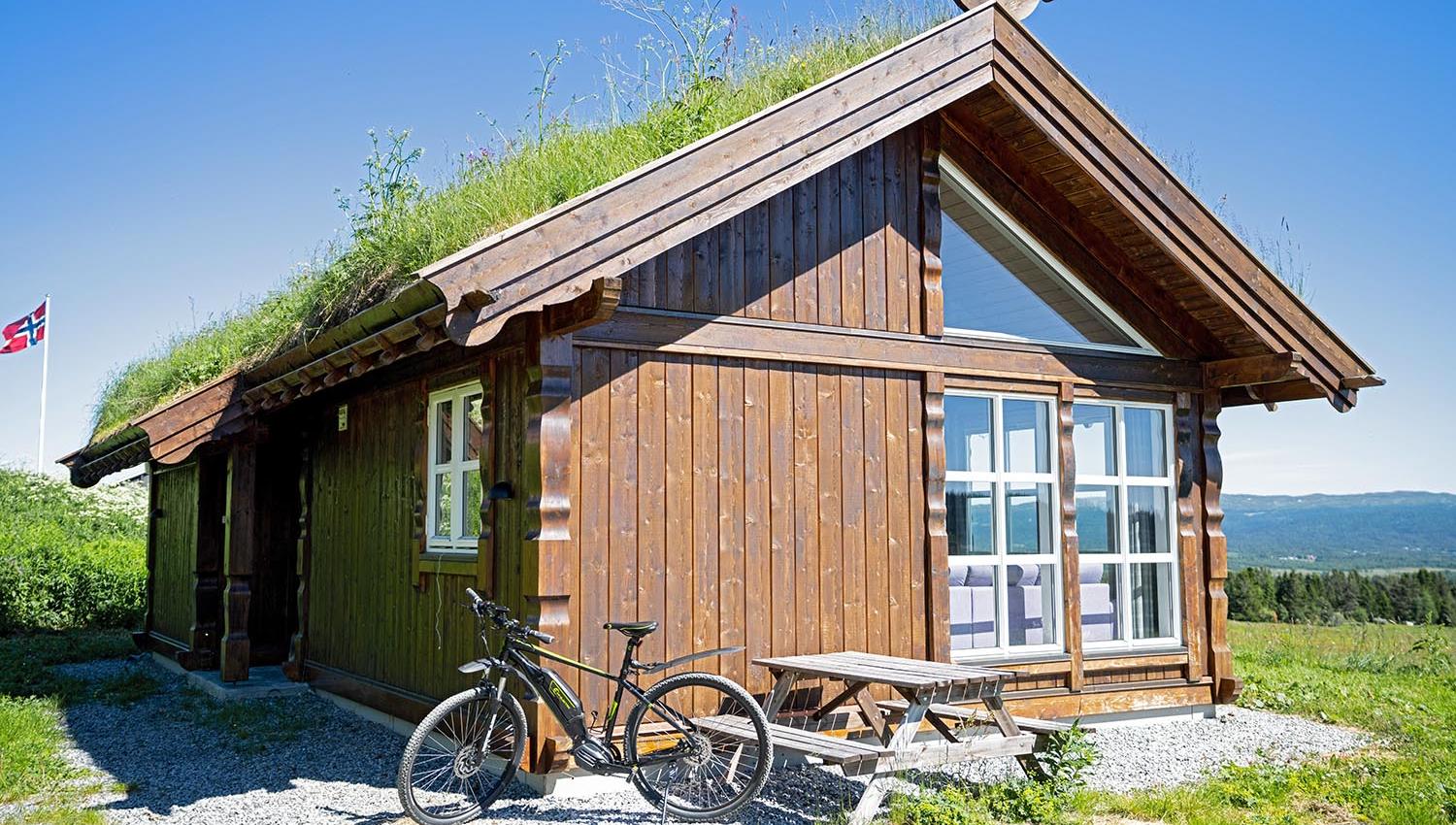 Hytte i tre med gresstak og sykkel utenfor