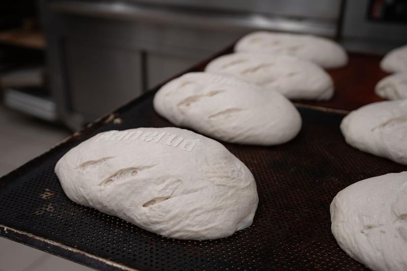 Bread dough on a metal plate.