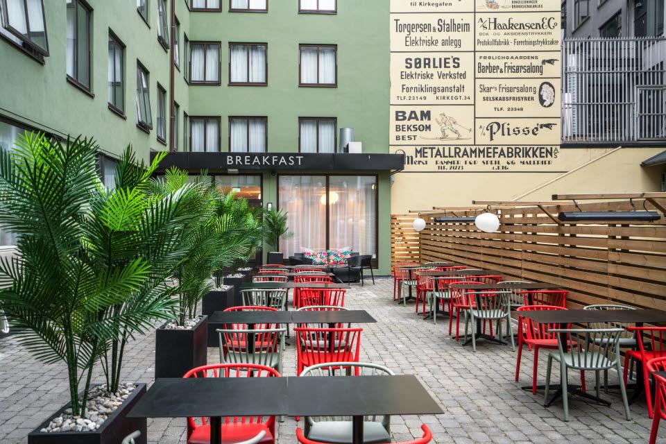Backyard with outdoor seating and large potted plants.