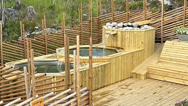 Cold plunge pool in scenic natural surrounding with wooden decking and nature-inspired design, surrounded by forest and rocks