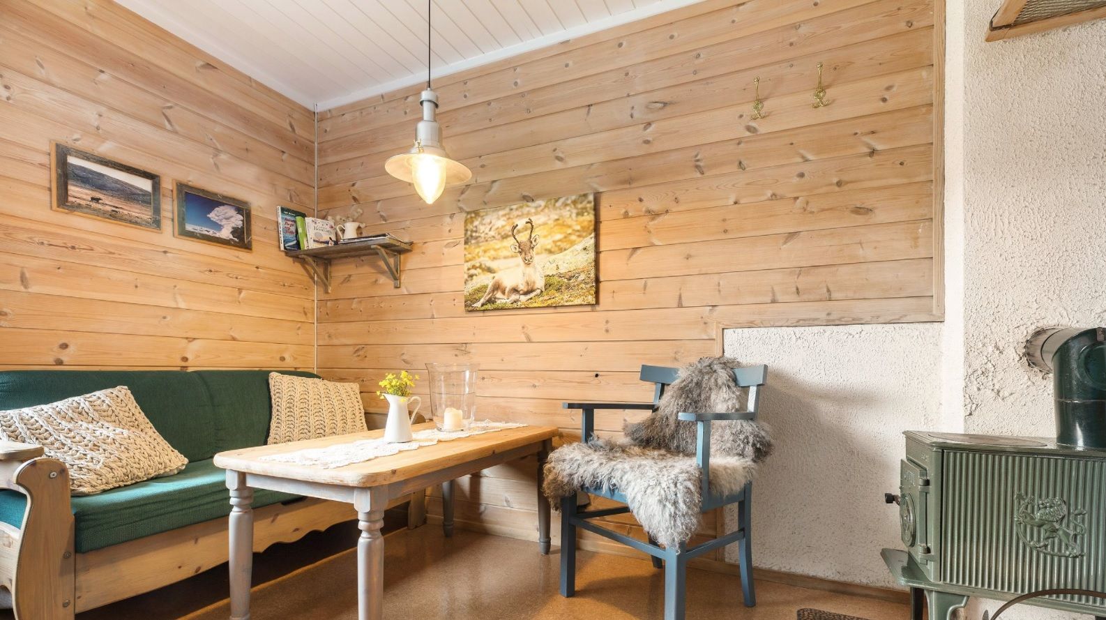 A room with wooden walls, a green couch and a woodburning oven.
