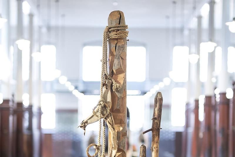 A stake-like object exhibited in the stables.