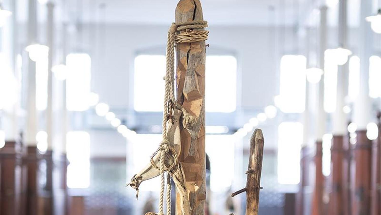 A stake-like object exhibited in the stables.
