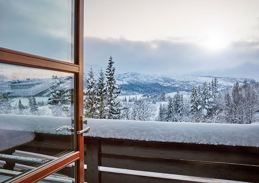 view from the balcony of the 2-room apartment at Gaustablikk apartments in winter
