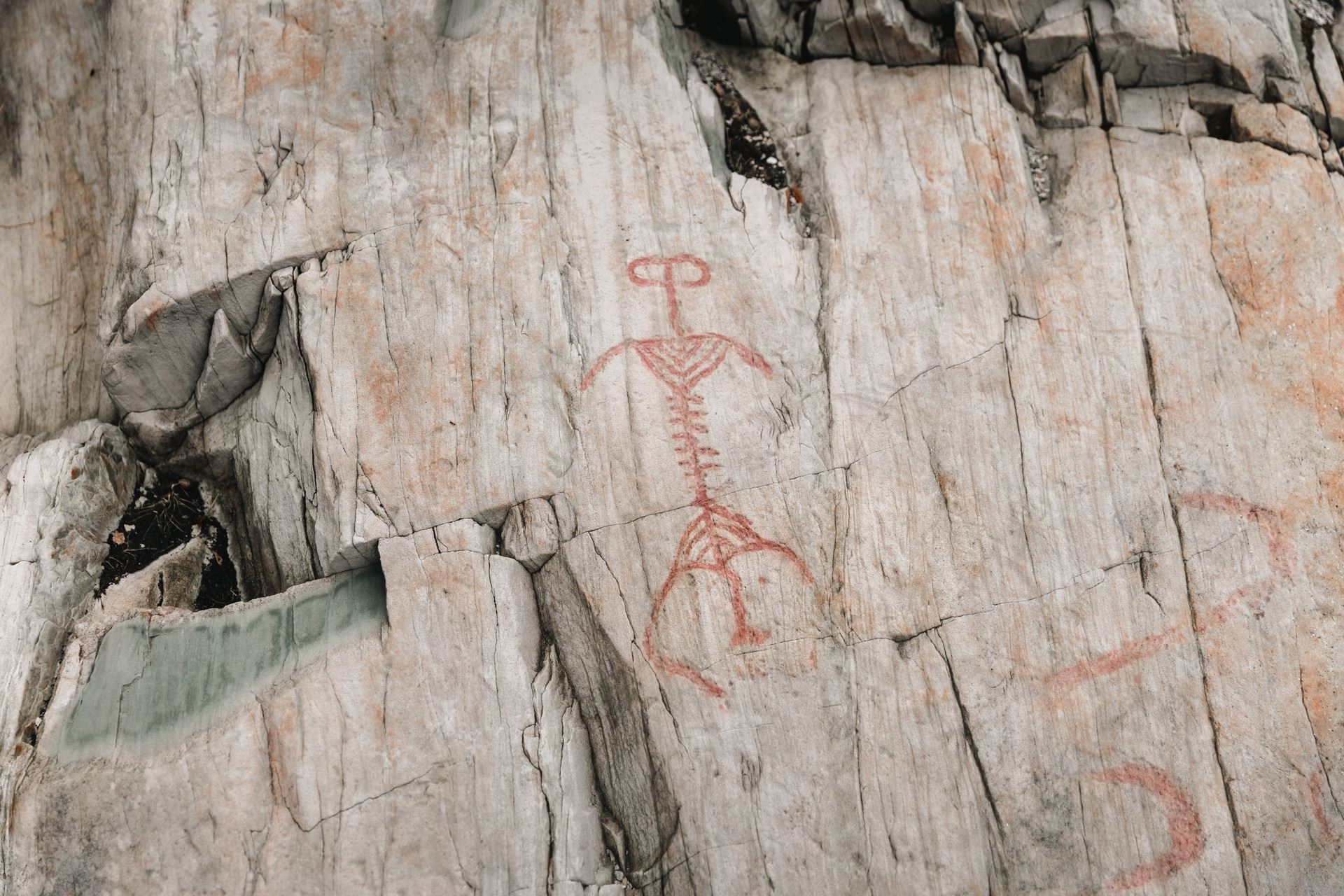 A red-painted petroglyph depicting a deer on a rock surface in Vingen.