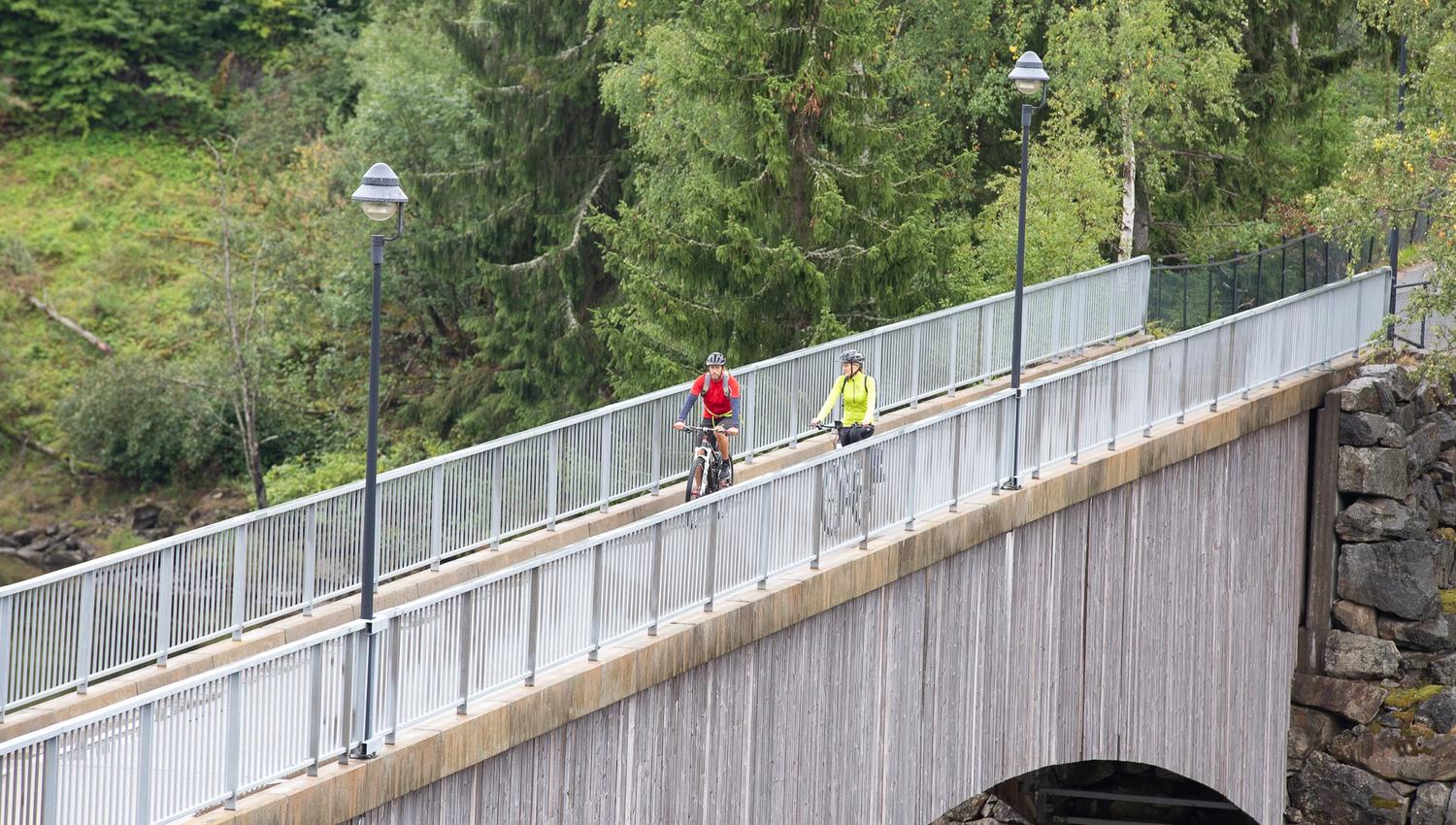 A couple going by bike across a bridge