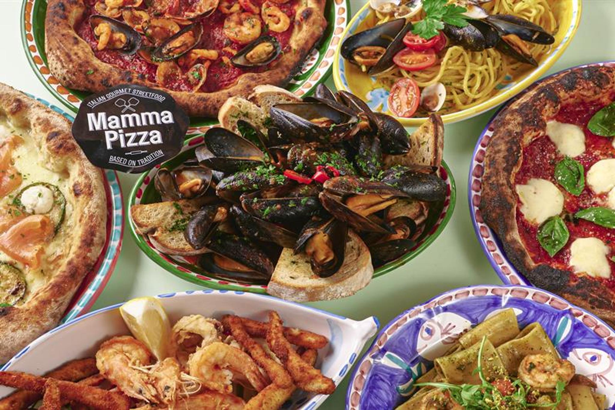 Detail of pizzas and seafood