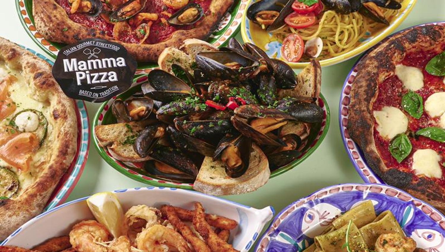 Detail of pizzas and seafood