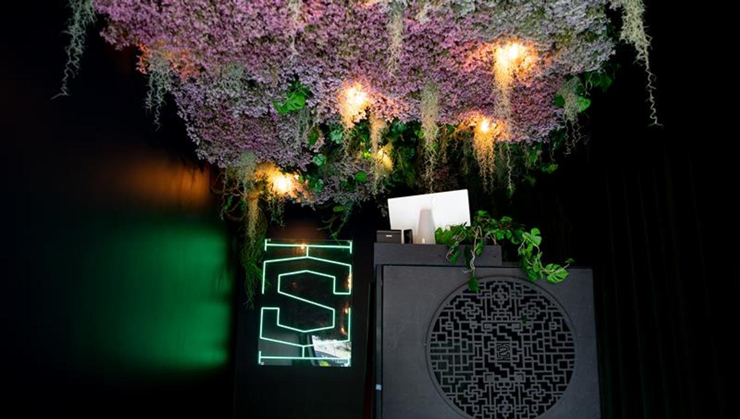 Entrance with vegetation hanging from the ceiling, counter, and a green neon sign